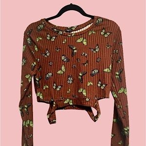 Rue 21 brown butterfly long sleeve crop top